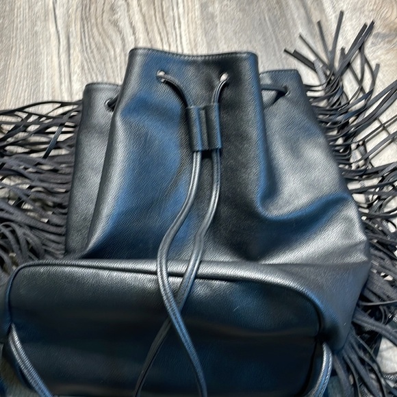 Victoria’s Secret Black Vegan Leather Fringe Drawstring Backpack - Picture 6 of 9